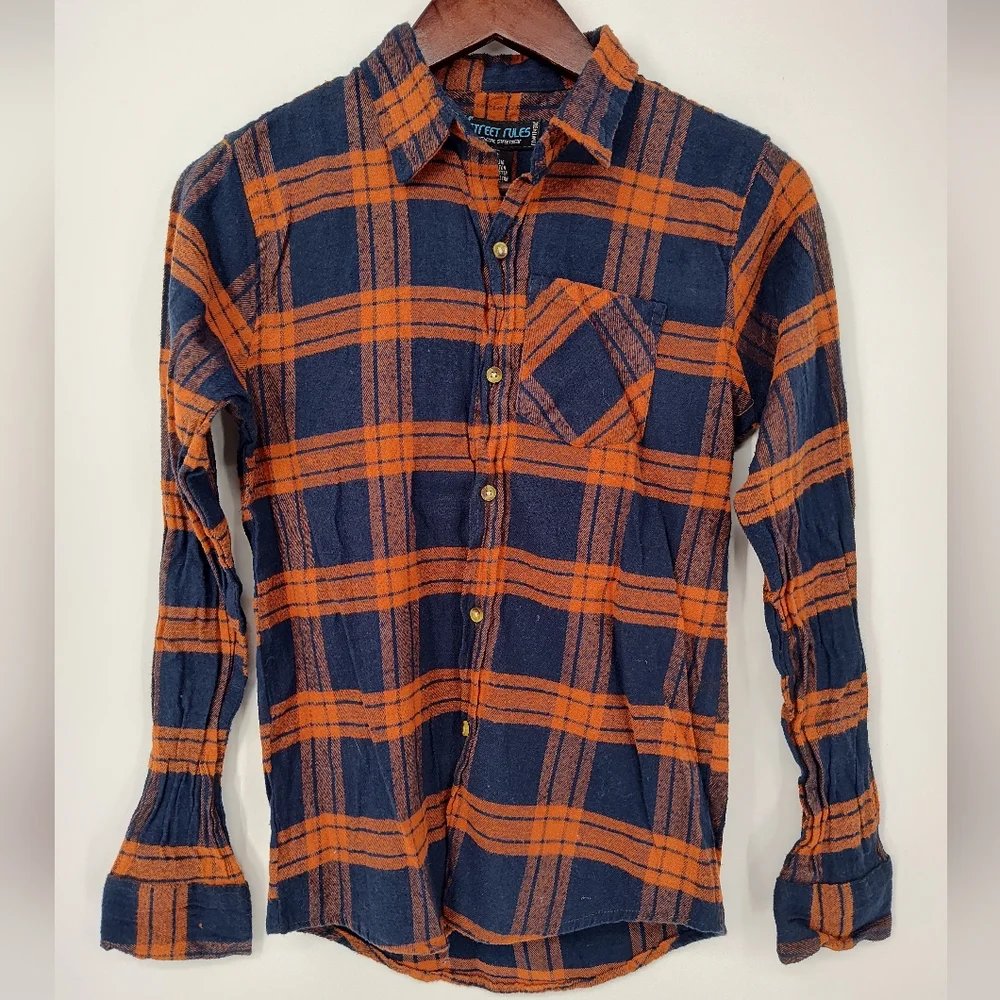 Street Rules Boys Navy and Orange Plaid Flannel Button Down Shirt Size 18